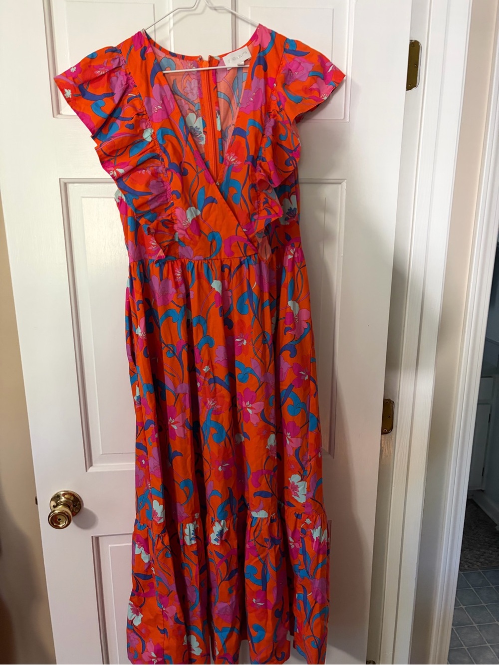 Sugarlips Bright Orange Floral Maxi Dress with Pink & Blue Print